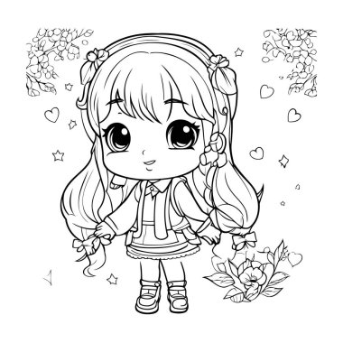 Çiçekli şirin çizgi film kızı. Boyama kitabı için Vektör illüstrasyonu.