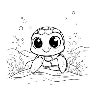 Denizde yüzen sevimli çizgi film kaplumbağası. Çocuklar için boyama kitabı.
