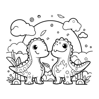 Şirin Dinozor Vektör İllüstrasyonunun Renkli Sayfa Özeti.