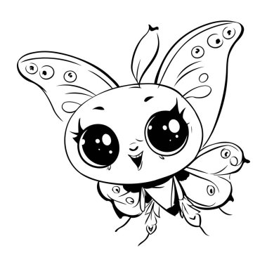 Sevimli çizgi film kelebeği. Boyama kitabı için siyah ve beyaz vektör çizimi.