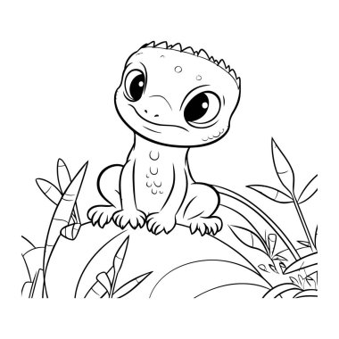 Çimlerin üzerinde oturan sevimli küçük kertenkele. Çocuklar için boyama kitabı.