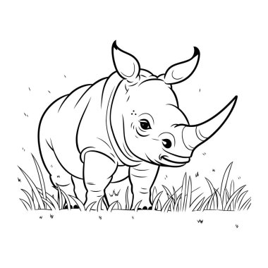 Çimlerin üzerinde duran bir gergedanın siyah-beyaz çizimi.