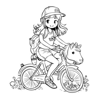 Bisiklet süren bir kız. Çocuklar için boyama kitabı. Vektör illüstrasyonu