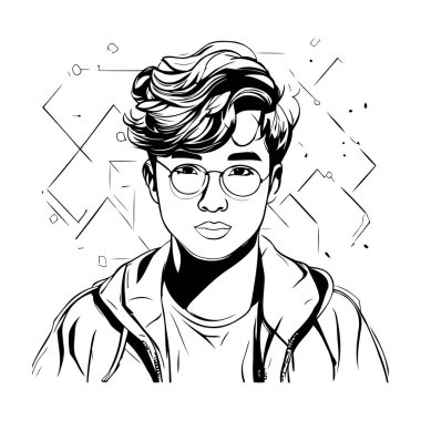 Gözlüklü genç bir adamın portresi. Siyah ve beyaz vektör çizimi.