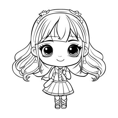 Uzun saçlı tatlı küçük kız. Boyama kitabı için Vektör illüstrasyonu.