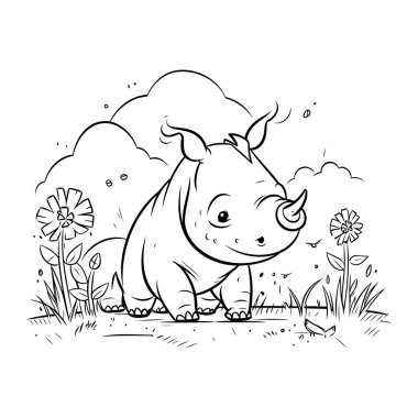 Çocuklar için şirin gergedan boyama sayfası. Vektör illüstrasyonu.