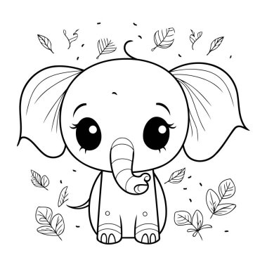 Yaprakları olan şirin bir fil. Boyama kitabı için Vektör illüstrasyonu.