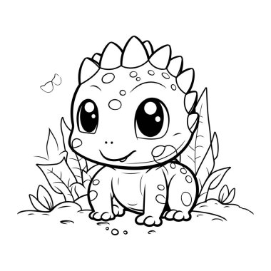 Çimenlerdeki şirin bebek dinozor. Çocuklar için boyama kitabı.