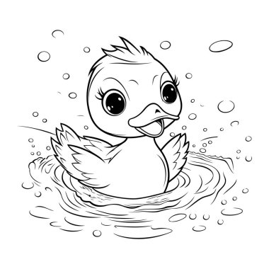 Suda yüzen şirin küçük ördek yavrusu. Siyah ve beyaz vektör çizimi.
