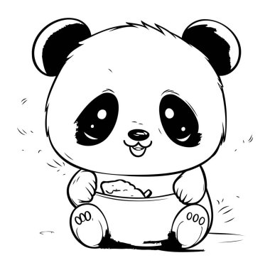 Tatlı çizgi film pandası kaseden yemek yiyor. Vektör illüstrasyonu.