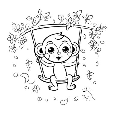 Çiçek vektör illüstrasyon tasarım tasarımı çizimi olan tatlı maymun salıncakta
