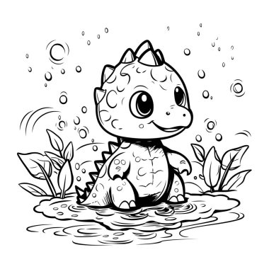 Suda sevimli bir karikatür dinozor. Boyama kitabı için Vektör illüstrasyonu.