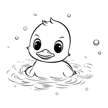 Suda yüzen şirin ördek yavrusu. Siyah ve beyaz vektör çizimi.