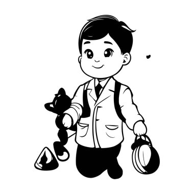 Çöp torbası tutan şirin bir çocuk. Siyah ve beyaz vektör çizimi.