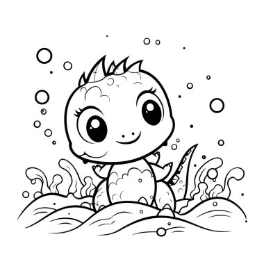 Denizde sevimli bir karikatür dinozor. Çocuklar için boyama kitabı.