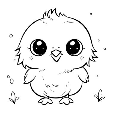 Sevimli küçük piliç. Boyama kitabı için siyah ve beyaz vektör çizimi.