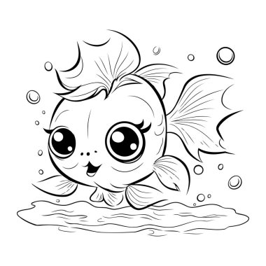 Denizde yüzen sevimli Japon balığı çizgi filmi. Siyah ve beyaz vektör çizimi.