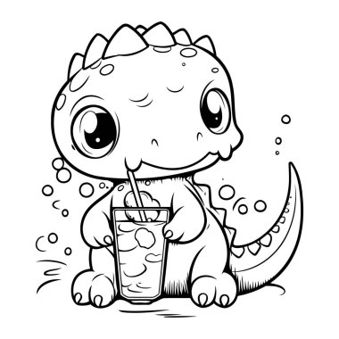Siyah ve Beyaz Çizgi Film Çizgi Filmi Sevimli Dinozor Renkli Kitap İçin Kokteyl İçiyor
