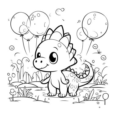 Şirin Dinozor Vektör İllüstrasyonunun Renkli Sayfa Özeti.