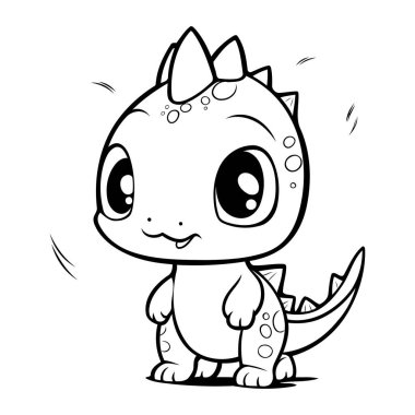 Şirin Karikatür Dinozor Siyah ve Beyaz Vektör İllüzyonu. Beyaz Arkaplanda İzole Edilmiş