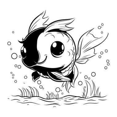 Suda yüzen şirin bir balığın siyah beyaz çizimi.