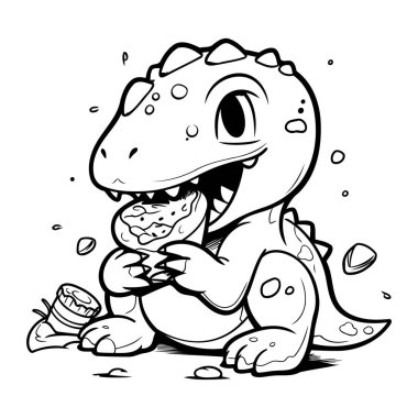 Karikatür dinozoru dondurma yiyor. Beyaz arkaplanda vektör illüstrasyonu.