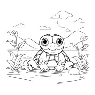 Nehir kıyısında oturan sevimli karikatür kaplumbağası. Vektör illüstrasyonu.