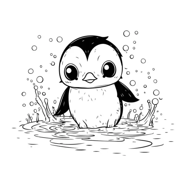 Cute Penguin Swimming Water Black White Vector Illustration — Stock Vector
