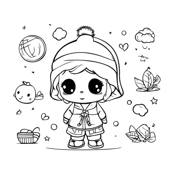 Cute Little Girl Zimowych Ubraniach Ilustracja Wektor Kolorowanki — Wektor stockowy