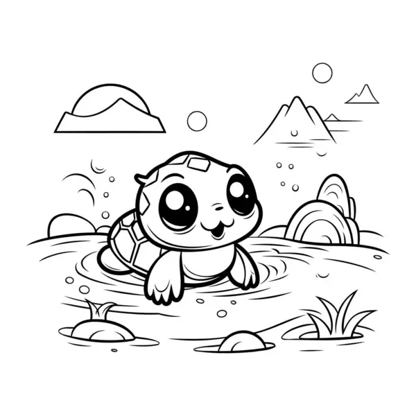 Cute Cartoon Turtle Swimming Lake Vector Illustration Coloring Book — Stock Vector