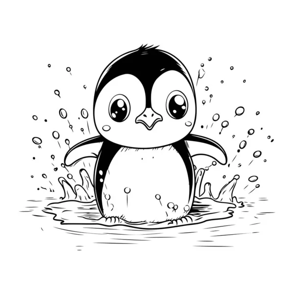 Söt Tecknad Pingvin Vatten Svart Och Vit Vektor Illustration — Stock vektor