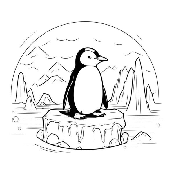 Pingvin Sten Svart Och Vit Vektor Illustration — Stock vektor