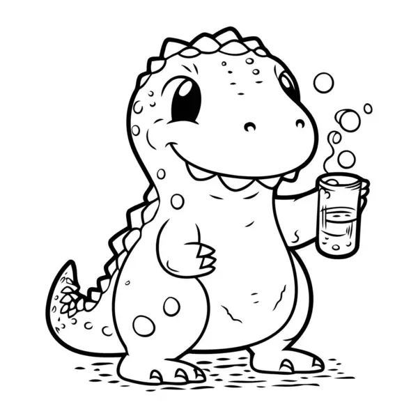Coloring Book Children Cute Dinosaur Glass Water — Stock Vector