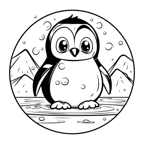 Pinguino Carino Nel Cerchio Illustrazione Vettoriale Bianco Nero — Vettoriale Stock
