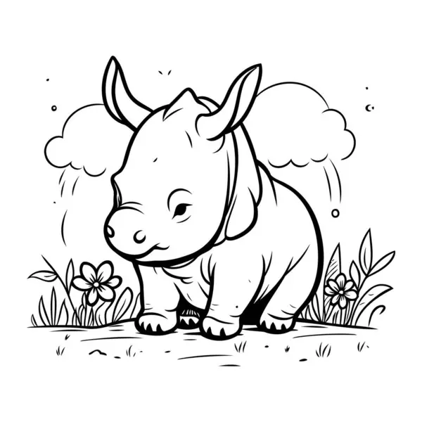 Black White Cartoon Illustration Cute Rhino Animal Character Coloring Book — Stock Vector