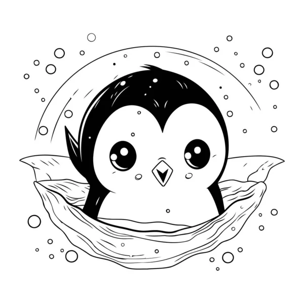 Χαριτωμένος Πιγκουίνος Στη Φωλιά Ασπρόμαυρη Διανυσματική Απεικόνιση — Διανυσματικό Αρχείο