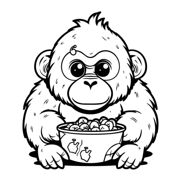 Black White Cartoon Illustration Monkey Eating Popcorn Coloring Book — Stock Vector
