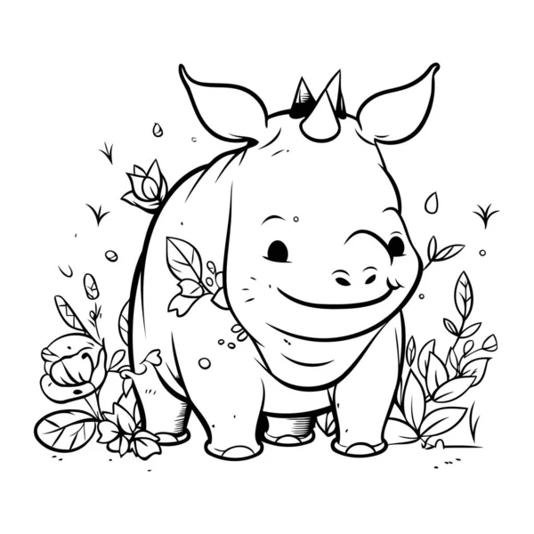 Cute Cartoon Rhinoceros Flowers Vector Illustration — Stock Vector
