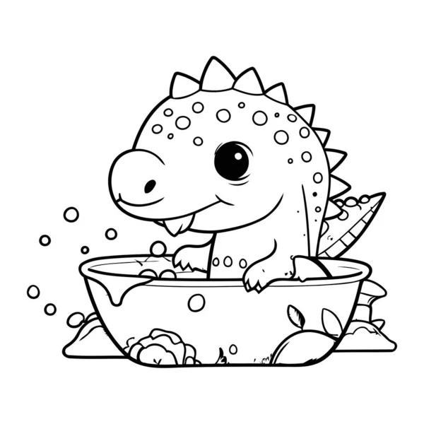 Coloring Page Cute Cartoon Dinosaur Bowl Water Vector Illustration — Stock Vector