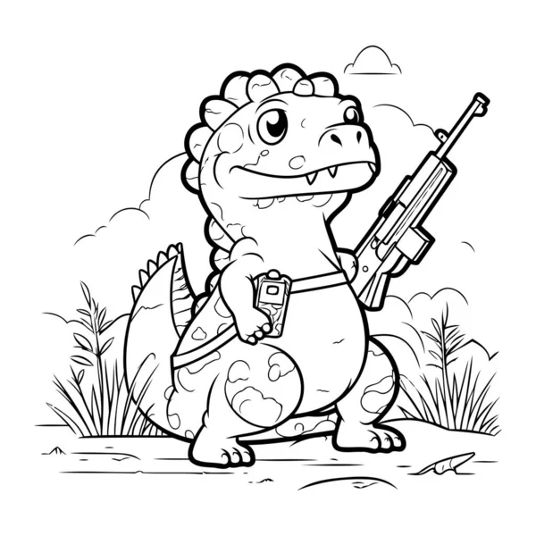 Ilustración Lindo Dinosaurio Sosteniendo Rifle Para Colorear Libro — Archivo Imágenes Vectoriales