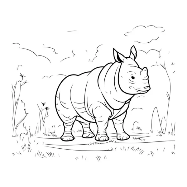 Black White Vector Illustration Rhinoceros Standing Grass — Stock Vector