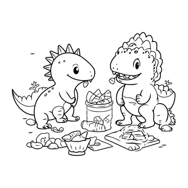 Stock vector Dinosaur family coloring page. Vector illustration of cute dinosaurs and food.