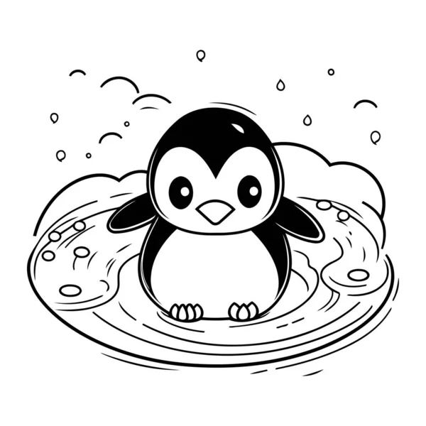 Söt Pingvin Vattnet Vektorillustration Svart Och Vitt — Stock vektor