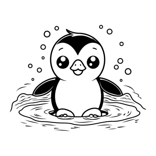 Χαριτωμένος Πιγκουίνος Καρτούν Στο Νερό Ασπρόμαυρη Διανυσματική Απεικόνιση — Διανυσματικό Αρχείο
