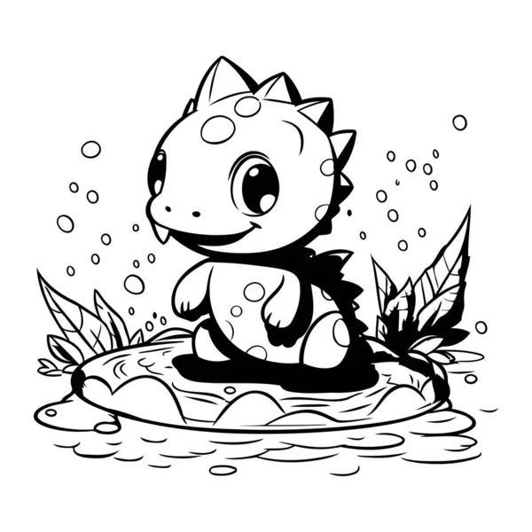 Zwart Wit Cartoon Illustratie Van Een Schattige Dinosaurus Het Water — Stockvector
