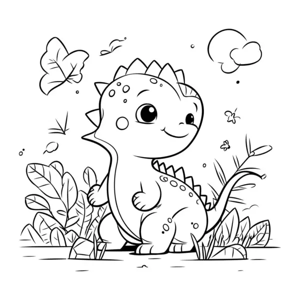 Şirin Dinozor Vektör İllüstrasyonunun Renkli Sayfa Özeti.