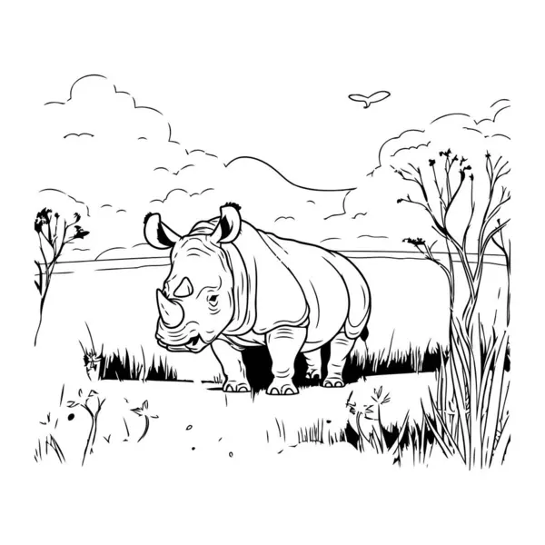 Ilustração Preto Branco Rinoceronte Campo — Vetor de Stock