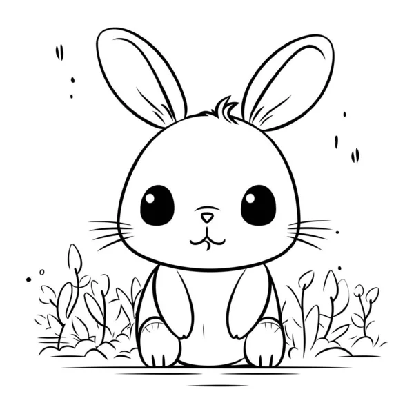 Cute Cartoon Bunny Sitting Grass Black White Vector Illustration — Stock Vector