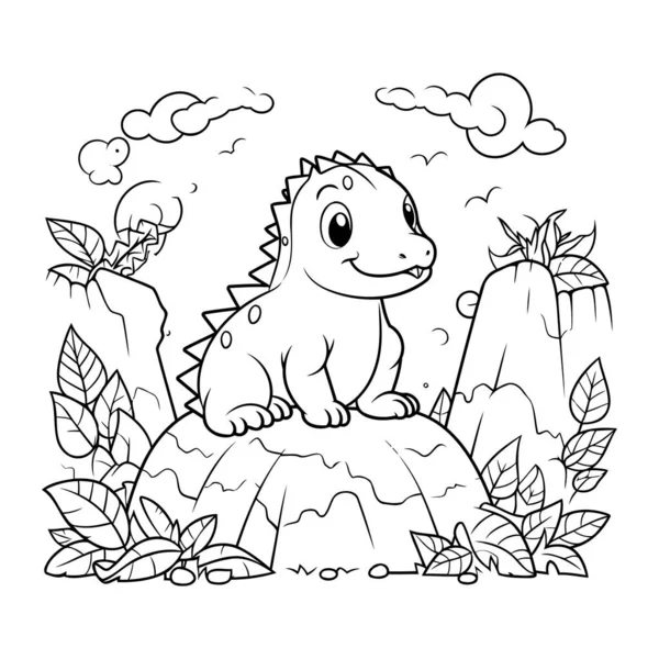 Malseite Für Kinder Niedlicher Cartoon Dinosaurier Sitzt Auf Einem Felsen — Stockvektor