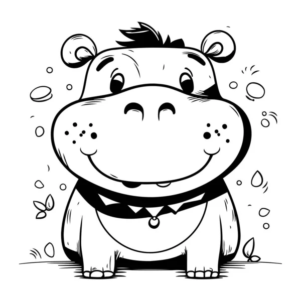 Ilustração Preto Branco Dos Desenhos Animados Caráter Animal Bonito Hipopótamo — Vetor de Stock